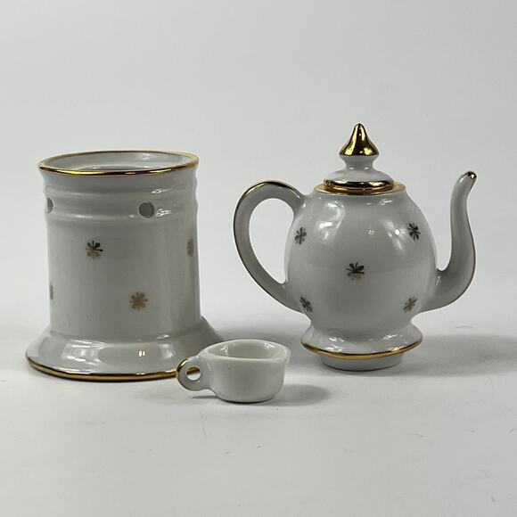 Limoges Miniature Teapot With Warmer Stand France White Mini Gold Trim Vintage - Picture 4 of 8